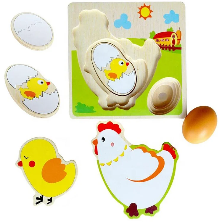Wholesale Creative Mulit Layer Chicken Growing Up Puzzles High Quality Cartoon Children Wooden Puzzle Early Emulational Egg Toys