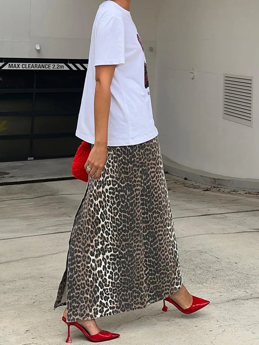 RedPeony Summer Office Split Skirt Cotton Female 2024 Street Chic High Waist Long Skirt Vintage Leopard Print Straight Skirts
