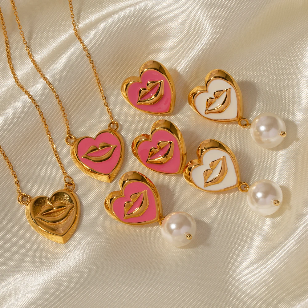 J&D Luxury 18K Plated Earring for Women Natural Pearl Fashion Earrings Trend 2023 Heart Necklace Set