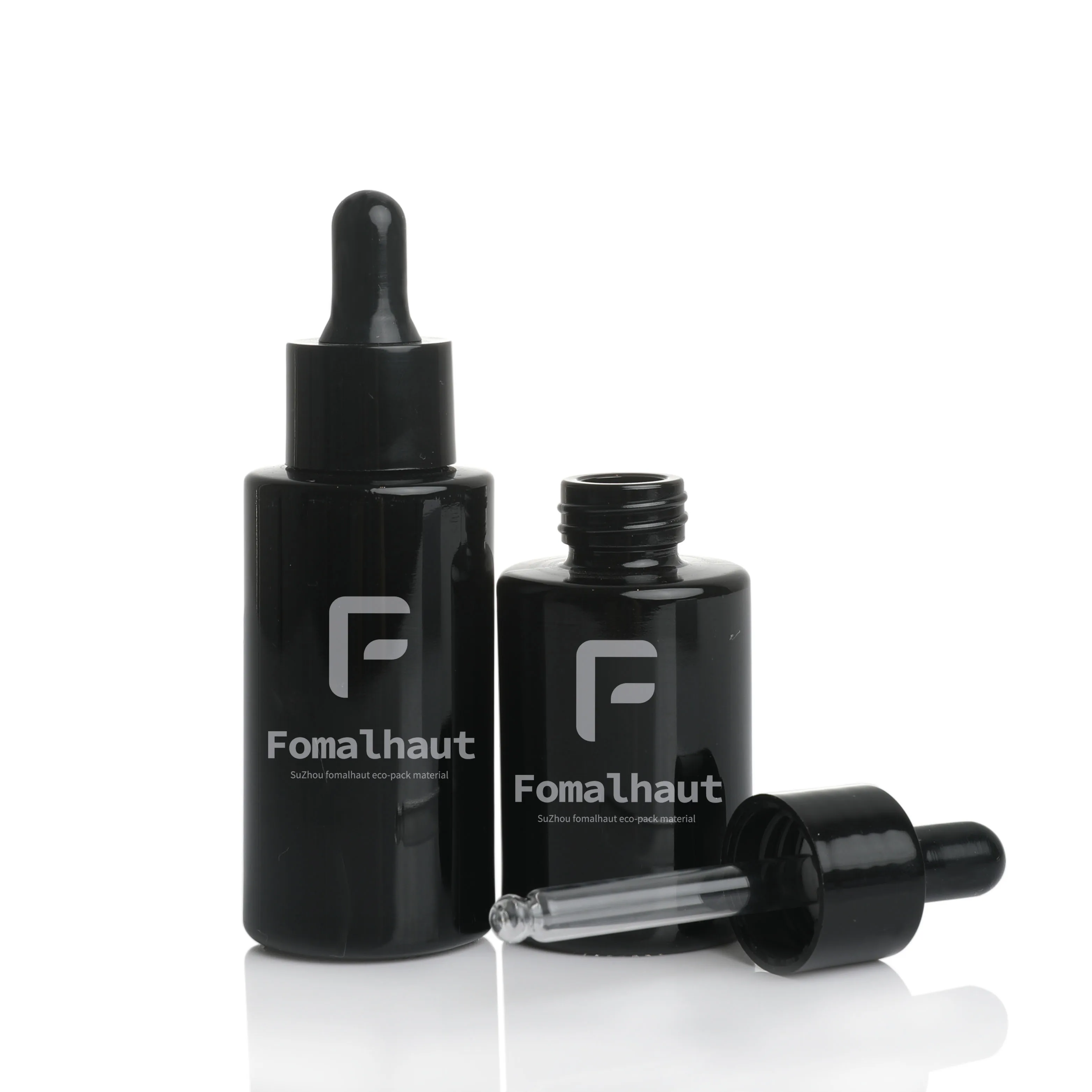 Fomalhaut  new product textured luxury 30ml 50ml 100ml pure black light forbidden glass dropper bottle for cosmetic