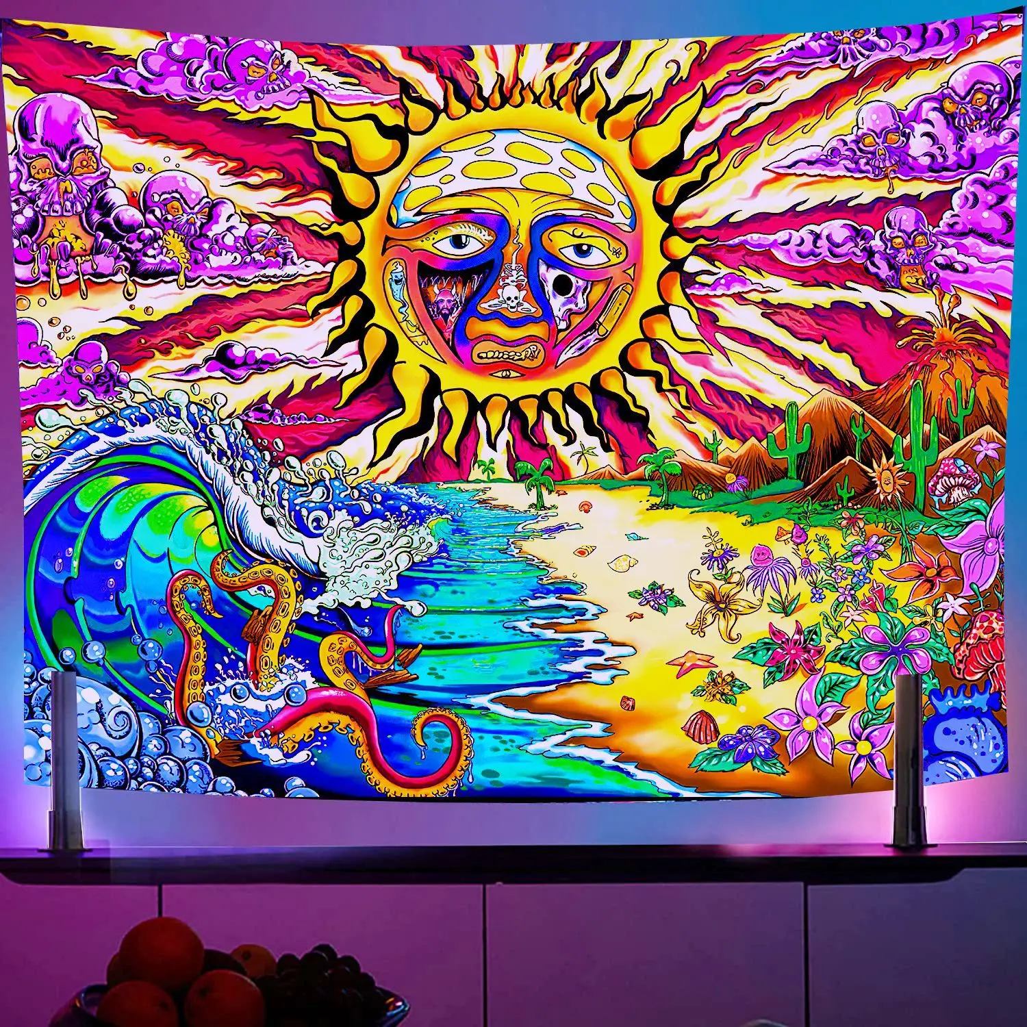 PINGBANG Blacklight Tapestry UV Reactive Sun Tapestry Wall Hanging