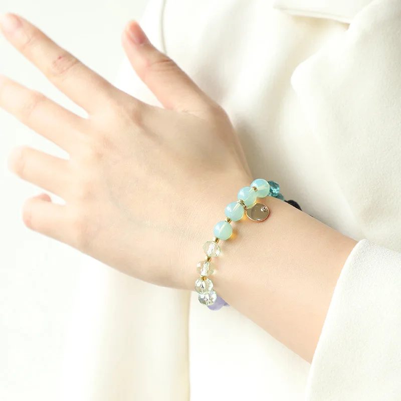 WoyingPrecious Healing Crystal Round Stone Beads StretchBlue Popcorn Crystal Ice Green Jade Bamboo Beads Bracelet