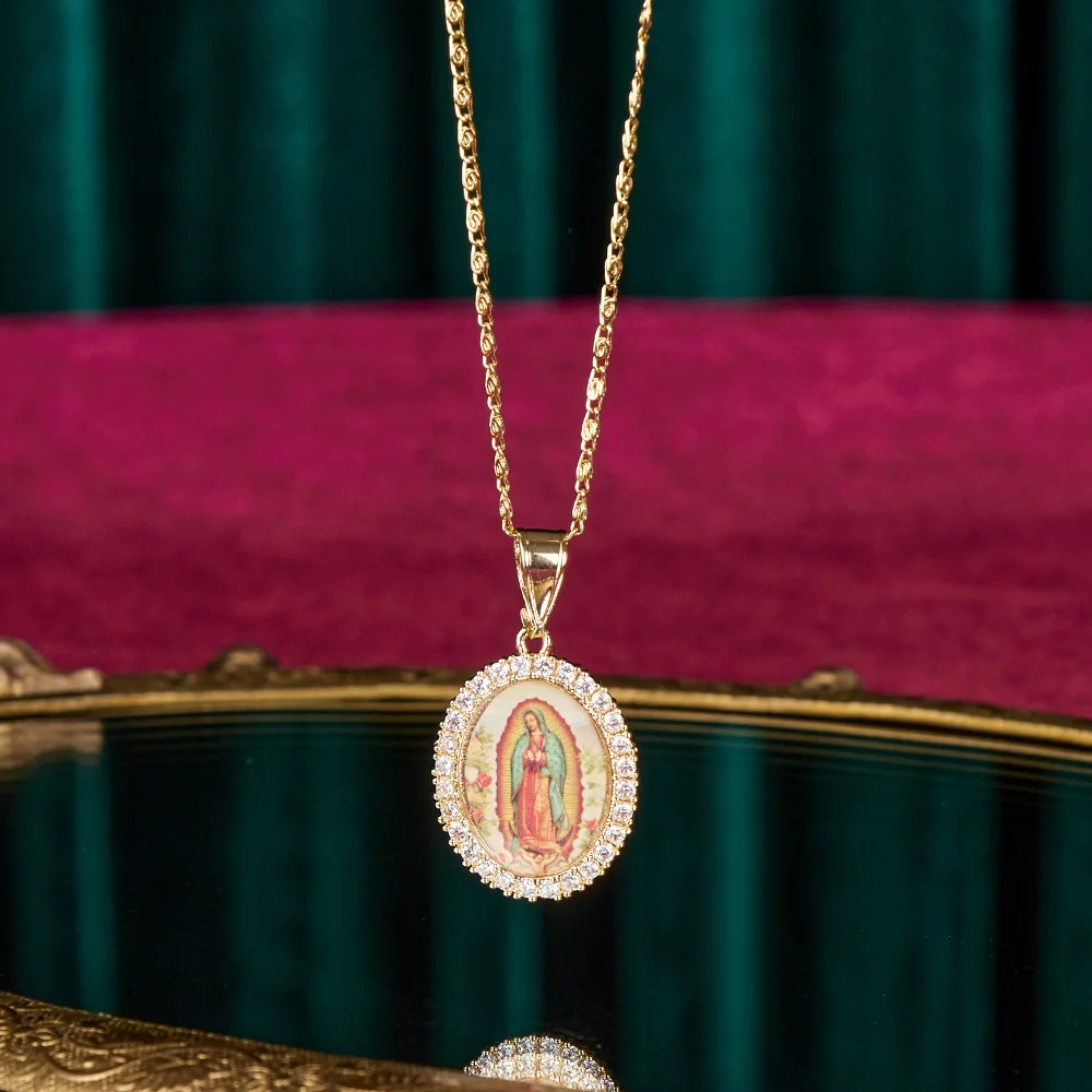 AP515 Catholicism Guadalupe Virgin Mary Saint Jude Cubic Zirconia Religious Gold Plated Pendant for Women Jewelry