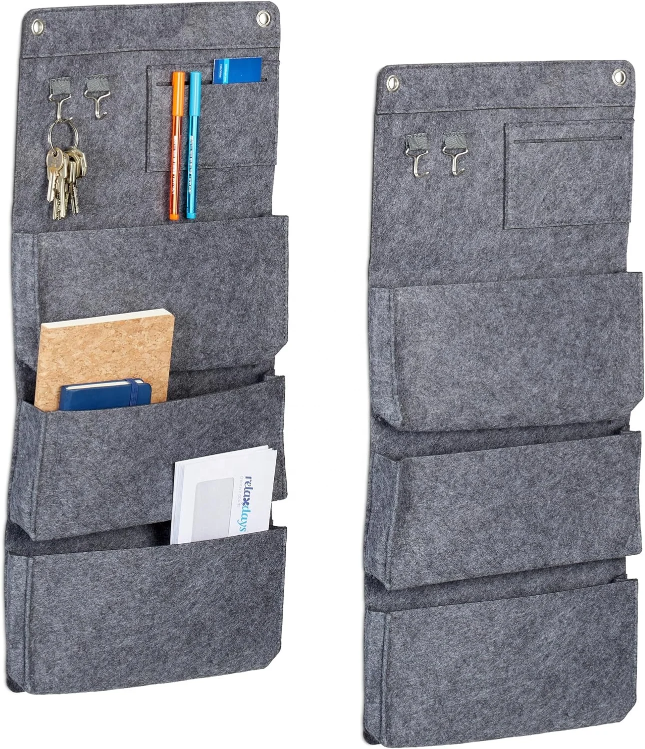 Space-saving Hanging Storage Felt Wall Pocket Hanging Organizer with 4 Compartments and 2 Hooks for Hallway, Office and Bathroom