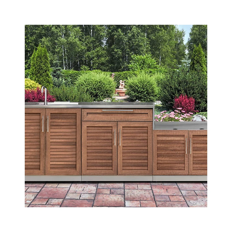 Customized Wood grain style outdoor kitchen set  for grill modular outdoor kitchen cabinet modern outdoor kitchen bbq island