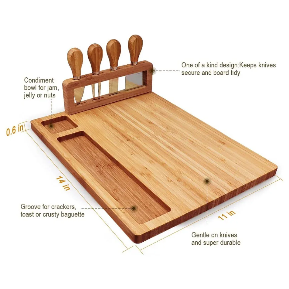 100% Natural Bamboo Cheese Board Cutlery Bamboo Serving Platter Set With 4 Piece Cutlery Set