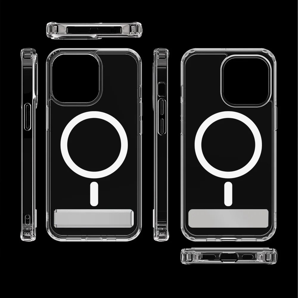 Wholesale transparent magnetic wireless charging case with aluminum stand clear shockproof magsafe cover for iPhone 14 pro max