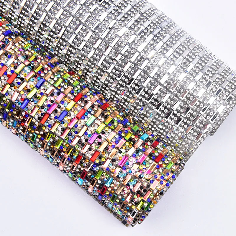 24*40cm Random Mix Colorful Adhesive Crystal Mesh Fabric Ribbon Resin Strass Applique Rhinestones Trim for DIY Hand Crafts