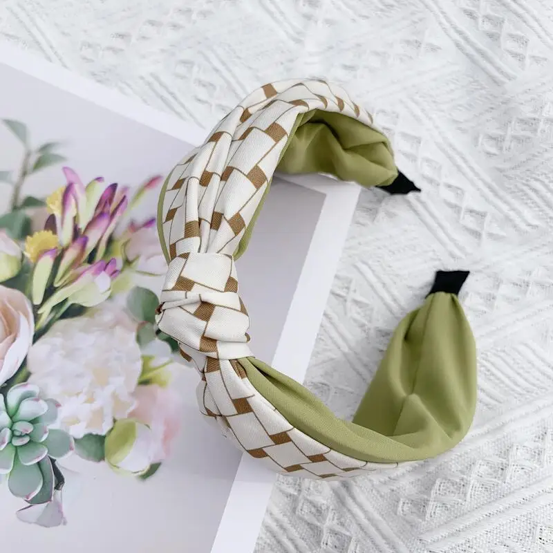 Avocado Green Small Fresh Hair Accessories Plaid Pearl Hair Ring Korean Net Red Hair Band Summer New Head