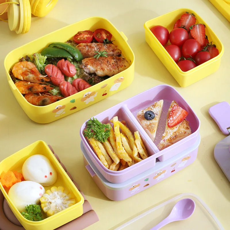 2023 cute bento lunch box double layer lunch box kids school with cutlery