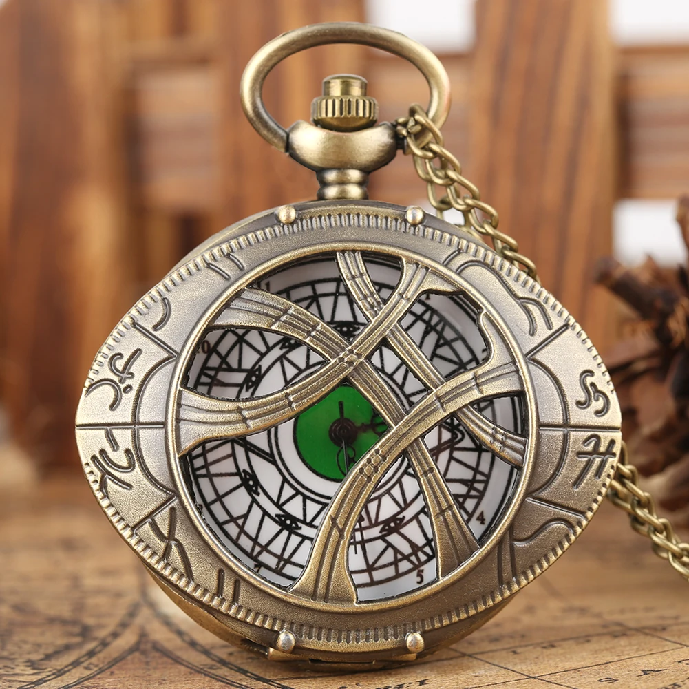 Antique Bronze Necklace Pendant  Green Eye Steampunk Quartz Pocket Watch With Chain For Men Gift Collectibles