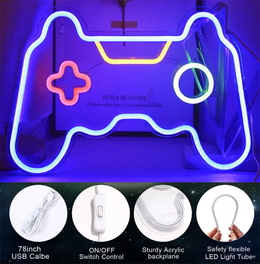 Game Controller Shape Acrylic Neon Light Usb Powered Led Gamepad Neon Sign For Wall Gaming Room Party Gamer Accessories Decor