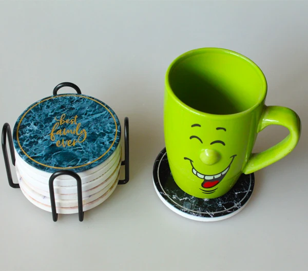 water absorbent marble mug coaster with gold coaster for drinks in metal holder