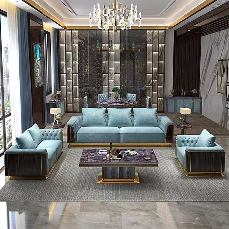 2024 new designs genuine Leather seats living room sofa set blue fabric sofa luxury modern 6 seats living room furniture sofa