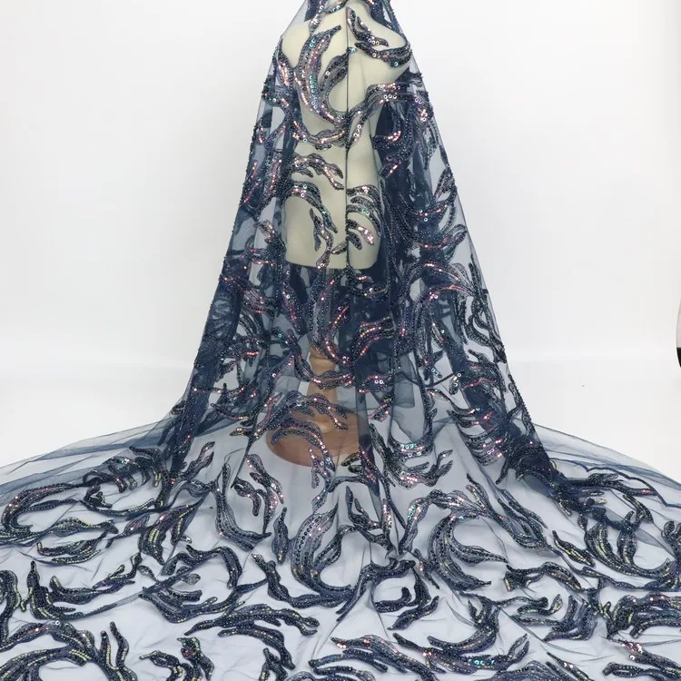 Темно-синяя Тяжелая окантовка сетка тюль вышитые блестки и бисерное платье кружевные тканевые топы от производителя