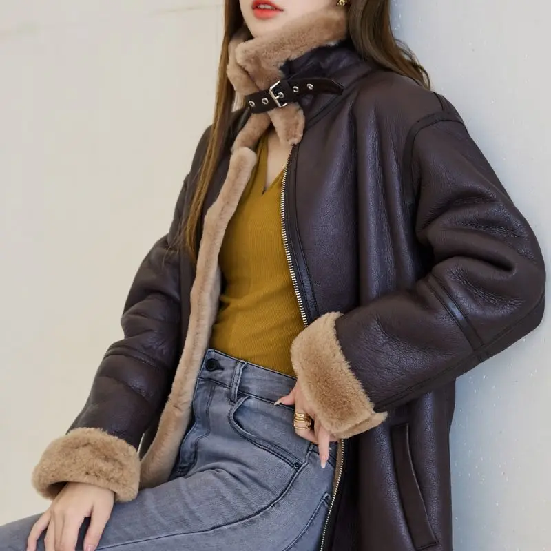 Fleece warm luxury Sheep fur parka patchwork fur coat motorcycle jacket genuine women leather coat leather crop with fur