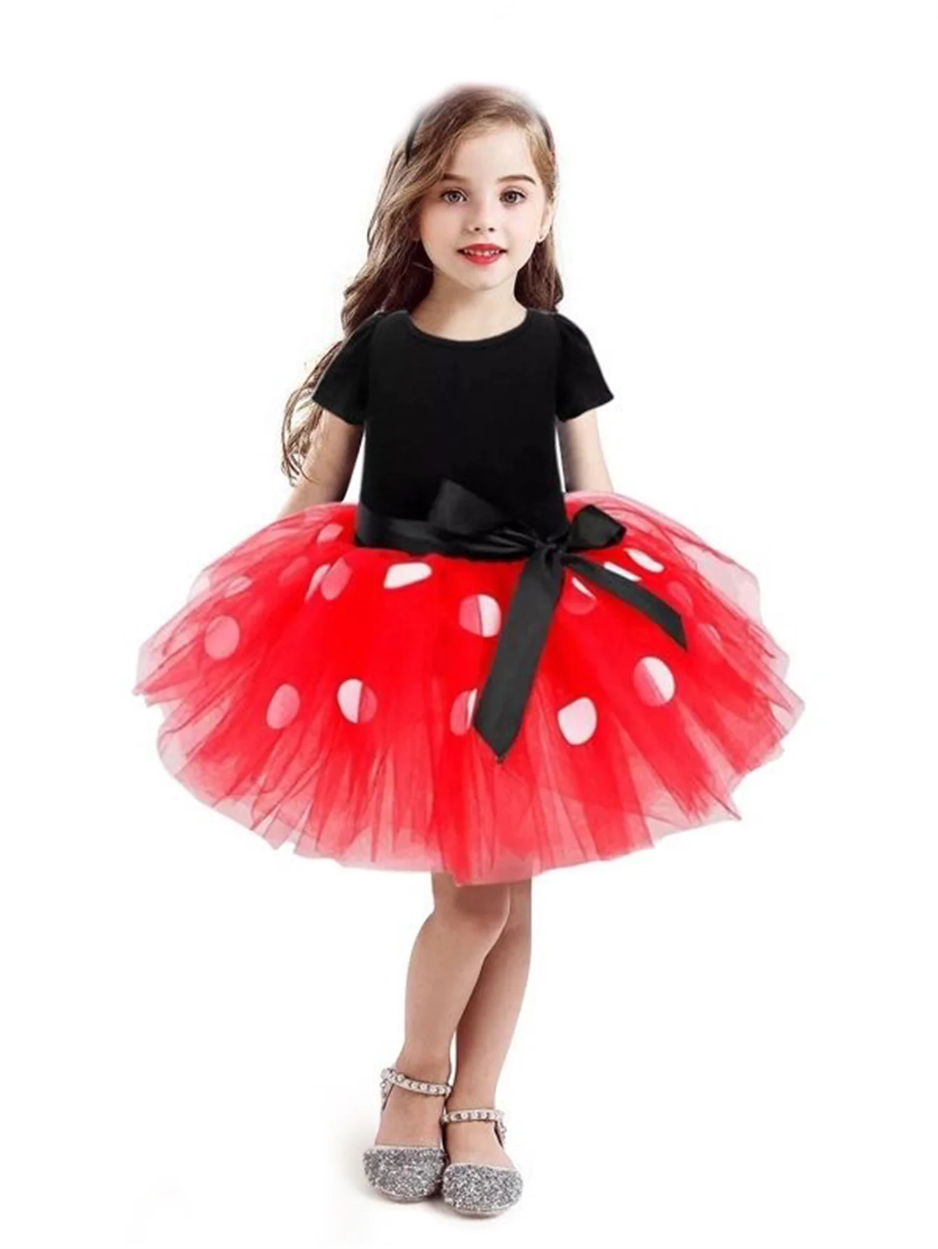 Cartoon Kids Short Sleeve Polka Dot Princess Dress 1-8Y Party Baby Girls Clothes Cosplay Costumes