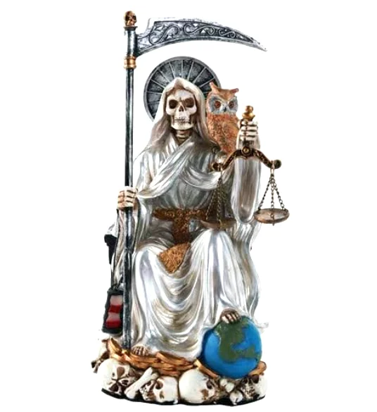 Holy Death Religious Robe | Skeleton Statue Standing Santa Muerte Holding Scythe and Scales of Justice with Wise Owl Figurine