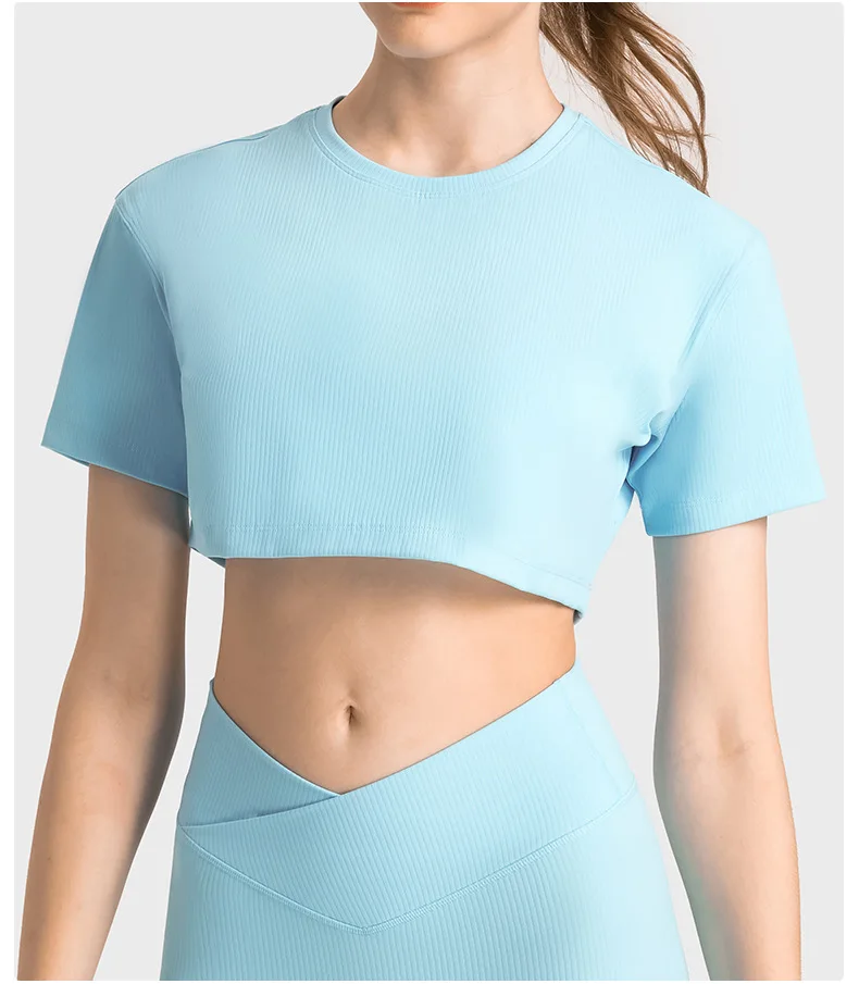 Wholesale High Quality Custom Summer Sexy Ladies Solid Short Sleeve Crop Top Sport Dance Running Plain T Shirt For Women