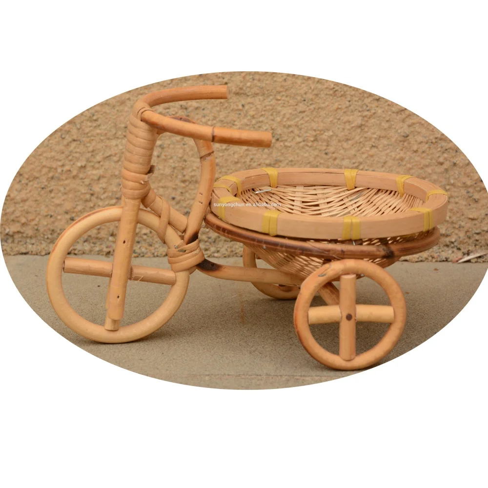 Natural Bicycle  Bamboo Rattan White Tricycle Design Flower  Candy Basket  Decoration Woven Storage Basket