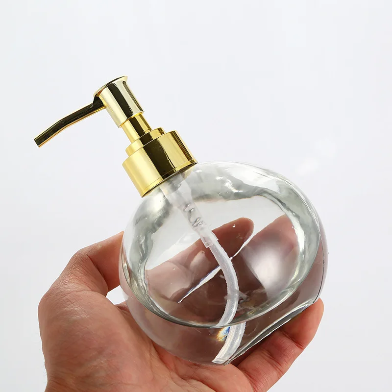 round 400ml hand dish wash glass bottle shampoo jar with metal gold black stainless steel press pump
