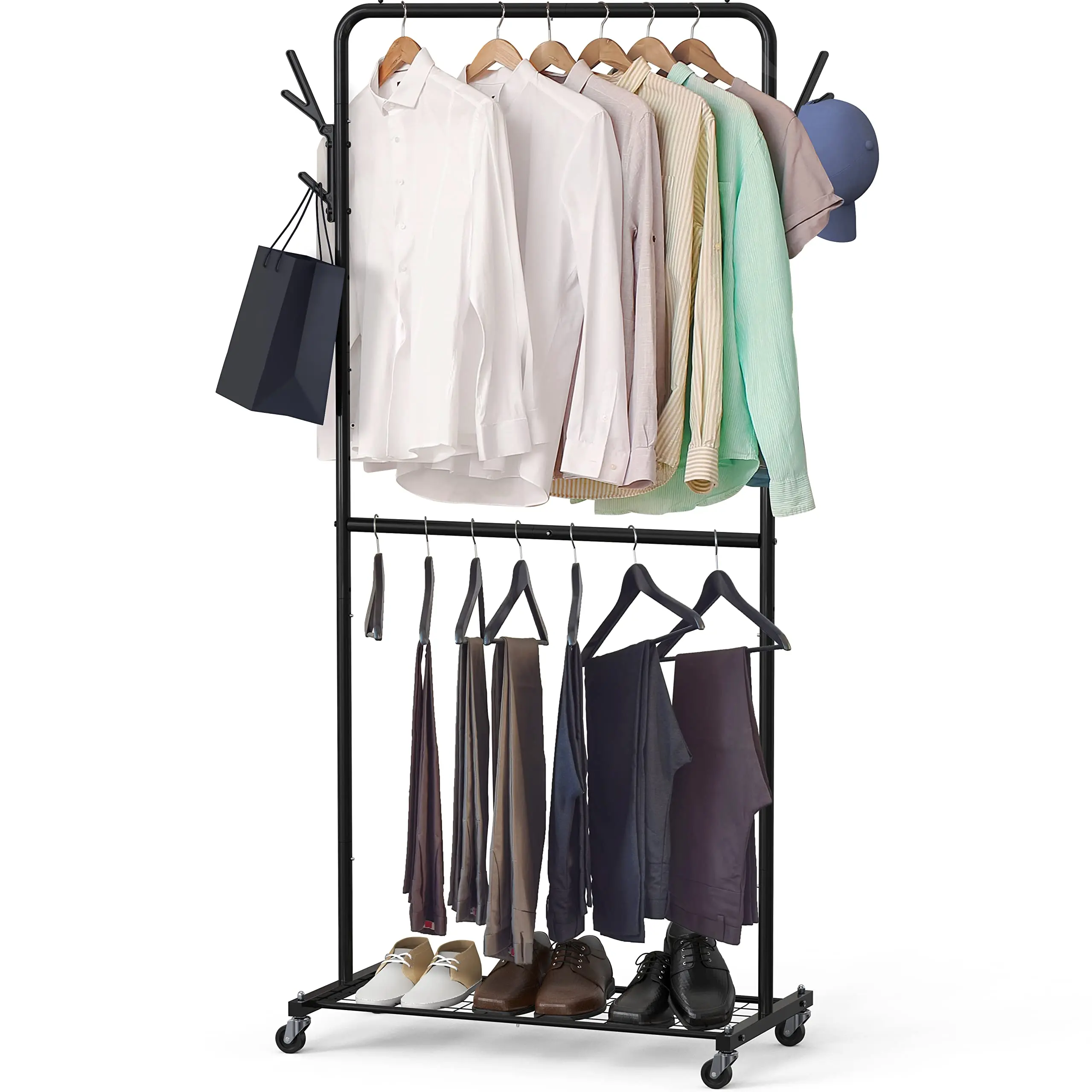 Double Rod Garment Rack With Wheels and Hooks Black Multifunction Home Metal Organizer Move Freely