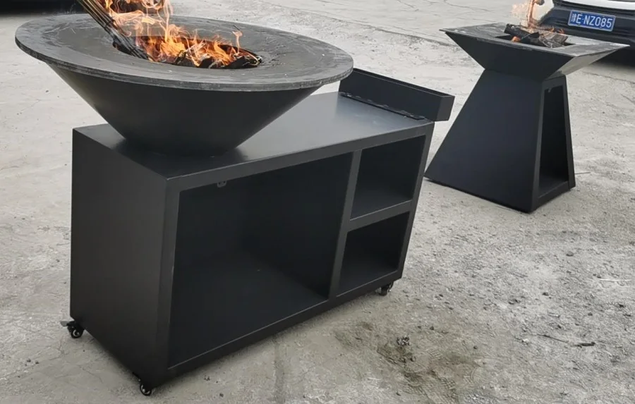 Outdoor corten steel gas fire pit with bbq grills for backyard