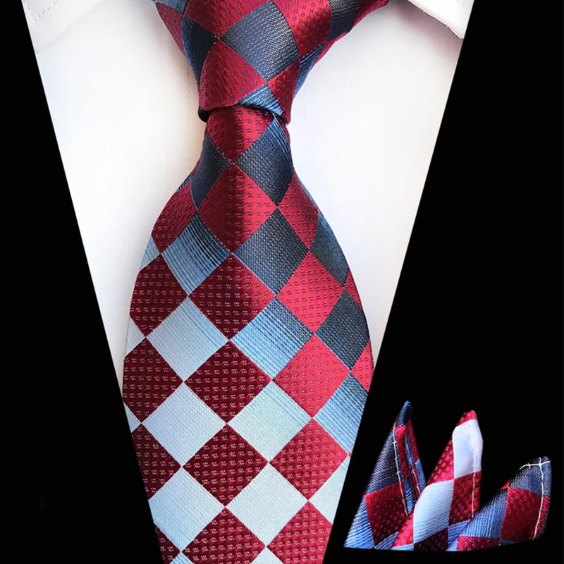 Classic 8cm Ties Pocket Square Set Men Silk Tie Luxury Striped Plaid Checks Business Neck Tie for Men Suit Cravat Wedding Party