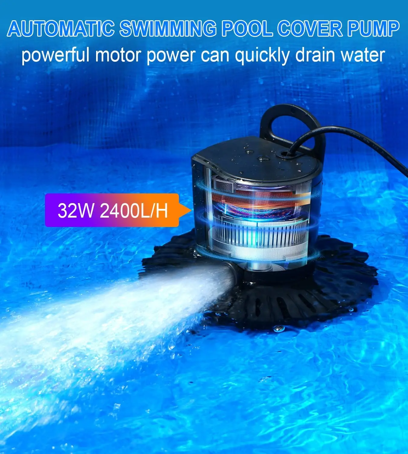 2400L/H Water Removal Pool Hot Tub Rooftop Water Bed Valve Adapter Submersible Water Pump Automatic Swimming Pool Cover Pumps