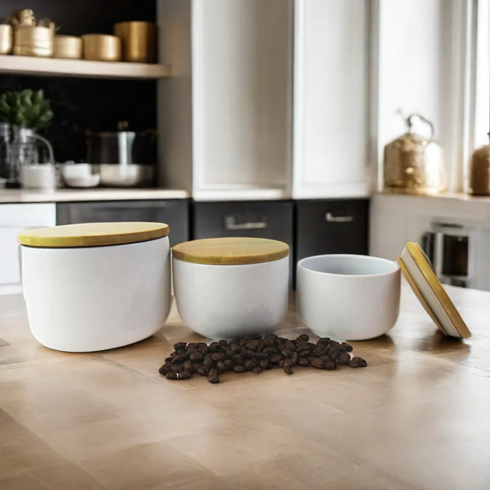 Hot Sale 2L Ceramic Cookie Jar Porcelain Storage Jar with Lid Wood Kitchen Canister Set Food Container Wholesale