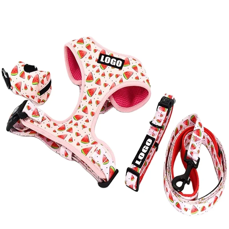 Комплект жгут для собак, прочный мягкий Регулируемый ошейник с рисунком арбуза и держатель для сумки-какашки