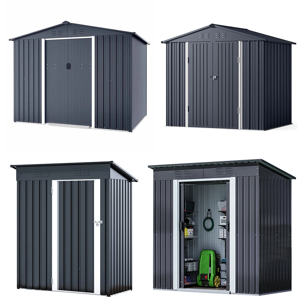 8 X 6ft Heavy Duty Garden Shed Apex Roof Metal Galvanized Steel House Dark Grey