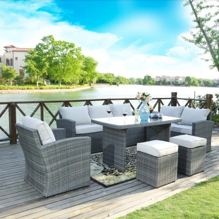 All-Weather Rattan L Shape Sofa Set Durable Outdoor Garden lazy inflatable sofa for nap Furniture Set with Storage Box