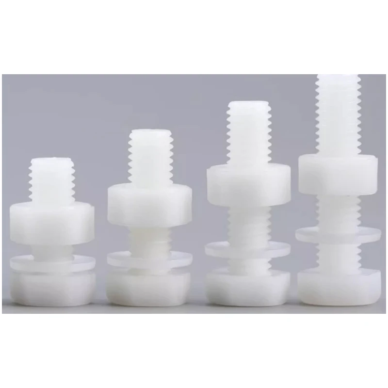 Complete set of white nylon outer hexagonal screws, nuts, and flat washers  bolt