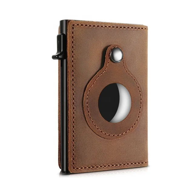 Pop Up Wallet Genuine Leather Rfid Wallet Back With Airtag Tracker Protector Case Automatic Sliding Wallet
