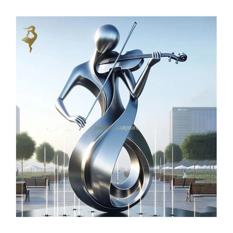 Modern Design Mirror Polishing Stainless Steel Abstract Figure Playing The Violin Sculpture