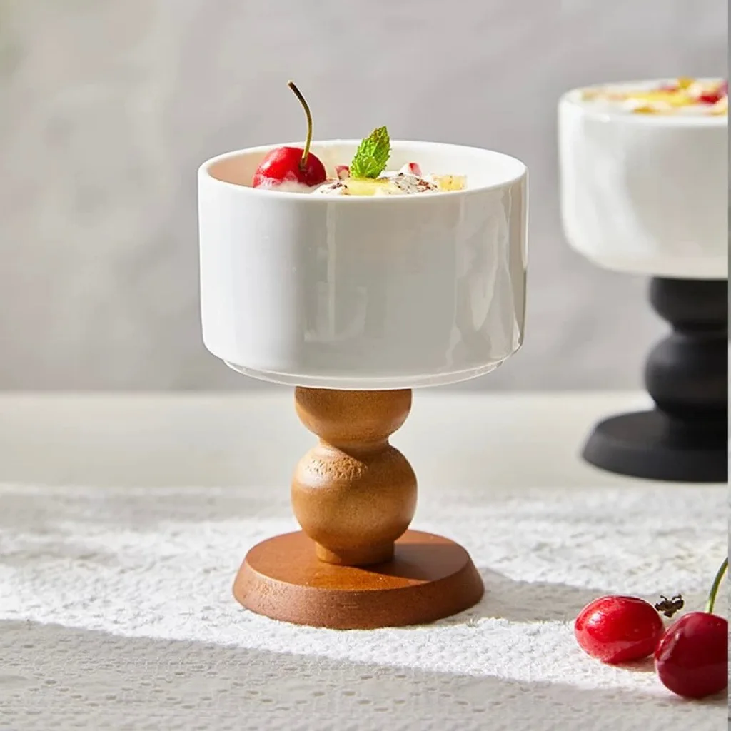Vintage Ceramic Goblet French Style Ice Cream Cup Ins Pudding Dessert Bowl Household Wooden Feet Candle Cup Candle Holder