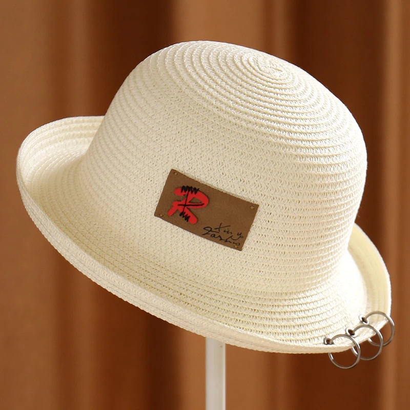 New Men Women Roll-edge Dome R Letter Three-ring Outdoor Sun Visor Ladies Hat Large Straw Brim Hat Womens Fashionable Straw Hats