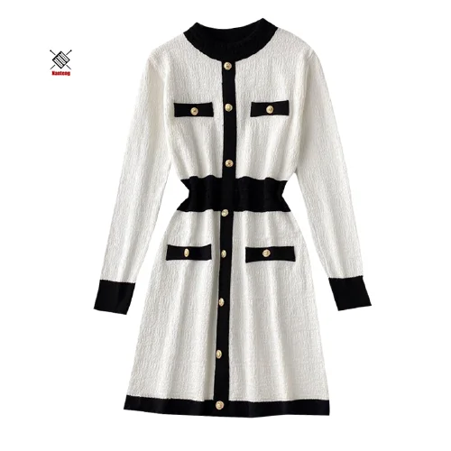 
Latest Design Fashion Gentlewomen Waists Long Sleeves Button Custom Sweater Dress  (1600192750307)