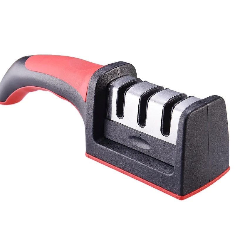 2022 new wholesale kitchen household stainless steel multifunctional emery handle type three slot honing steel knife sharpener