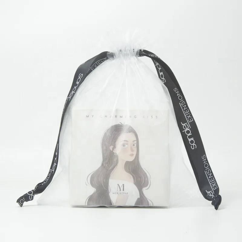 Wholesale Custom White Organza Cosmetics Packaging Pouch Bags With Logo On Ribbon