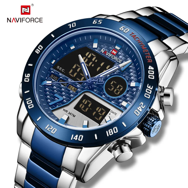 Часы мужские кварцевые NAVIFORCE 9171 спортивные из нержавеющей стали с двойным циферблатом углеродного волокна цифровые Роскошные 2022