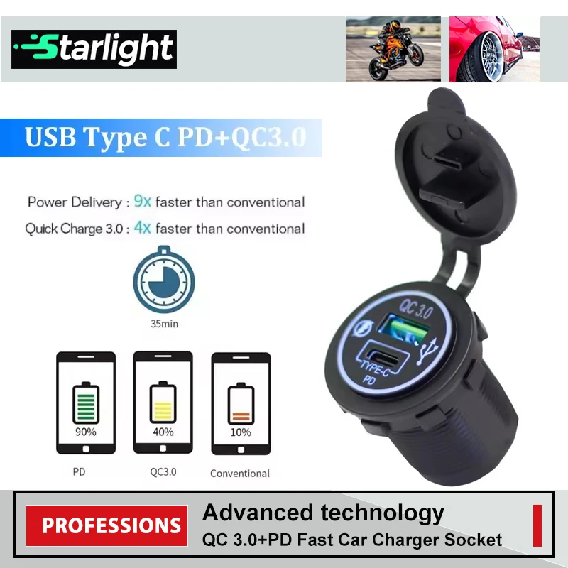 Car USB Charger Socket 12V 24V Waterproof QC3.0 Blue LED Fast Charger Socket for Car Boat Marine RV Truck