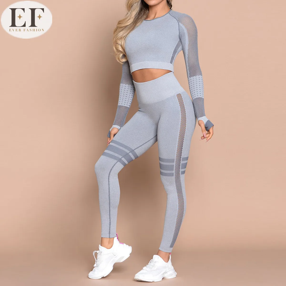 
Ever Fashion Manufacturer Price Women Active Wear Yoga Sportswear Long Sleeve Crop Top And Yoga Sportswear Leggings Pants Set 