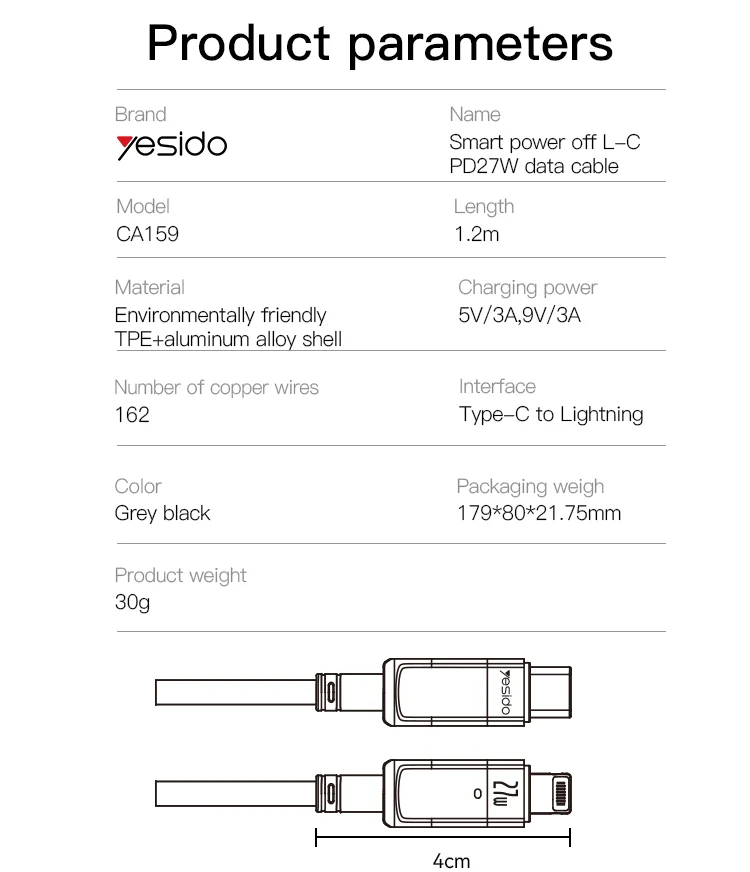 Yesido PD 27W Fast Charging And Transmission Nylon Thread Smart Power Off Lighting-Type-C Data Cable