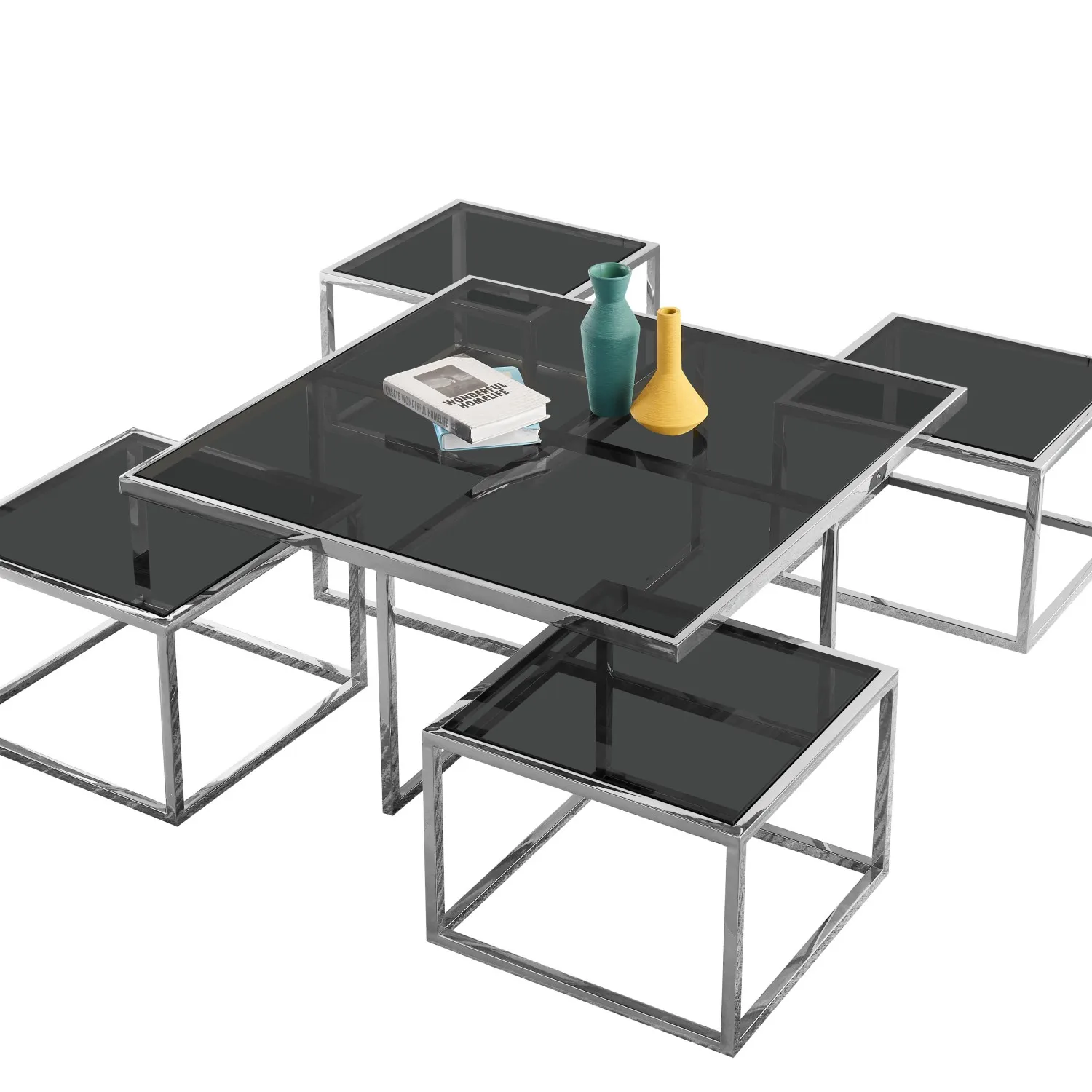 MODERN grey black glass nesting 4 coffee table set silver stainless steel center table for home living room furniture