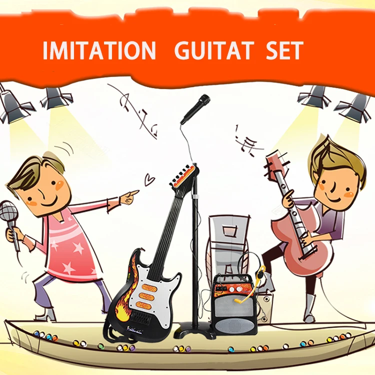 Kids musical instrument electric toy guitar set with microphone simulation plastic-toy-guitar