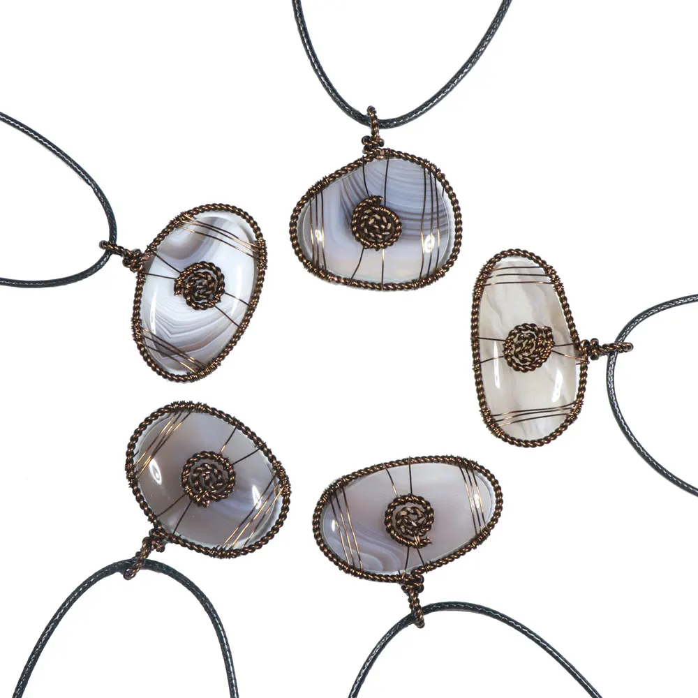 2022 New Arrivals Persian Agate Stone Necklace, Irregular Natural Botswana Agate Wire Wrapped Tumbled Stone Pendants Necklace