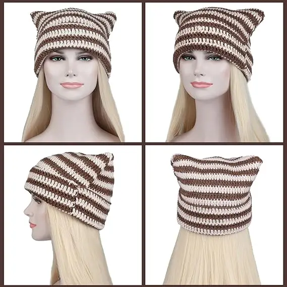 Wool Beanie Slouchy Knitted Hat with Customizable Size LOGO Cute Cat Ear Warm Super Soft Striped Women's Winter Dobby Unisex