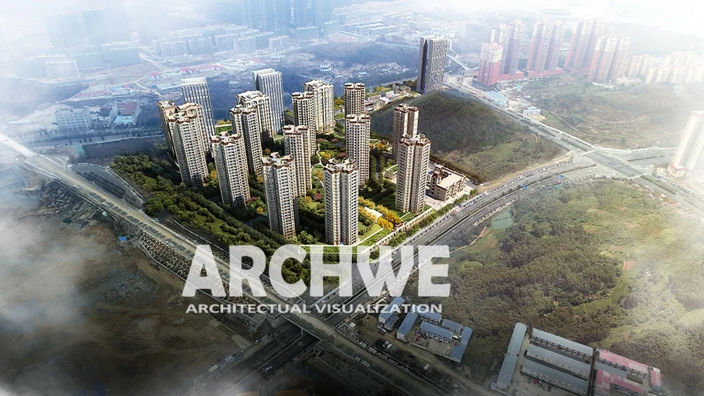 Commercial center in architectural rendering, also eco friendly architecture, office , industrial park,
